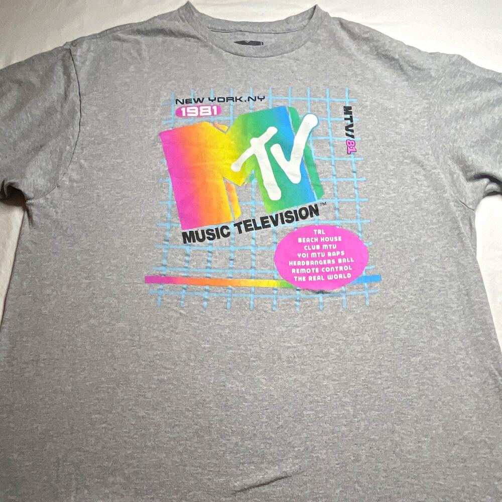 MTV Men’s Gray Graphic Print Logo Crew Neck Short Sleeve T-Shirt Regular XL